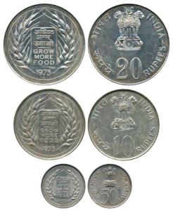 1973 Silver Rupees 20 and 10, Nickel 50 Paisa, 1973, Grow More Food, Bombay Mint. First tw
