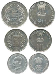 Silver Rupees 20 and 10, 1973, Grow More Food; Rupees 10, 1969. Proof and Uncirculated. (3