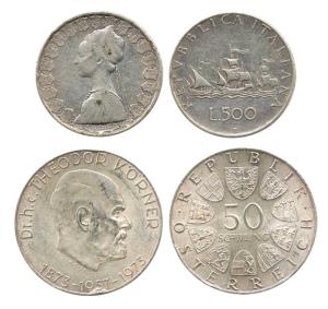Austria, Silver 50 Shillings 1973, 20g; Italy, Silver 500 Lire 1958, 11g, (KM 2917 and 98)