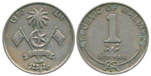 Maldives Islands, Copper-Nickel Clad Steel, 1 Rupiyaa, AH 1411, (1990 AD). Very Fine.