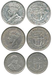 Mauritius, Silver and Cupro-Nickel, Rupee (3), 1934, GeorgeV, 1951, George VI and 1991. Ve