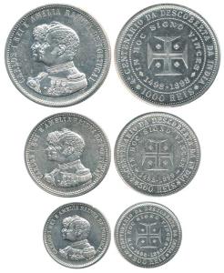 Portugal, Carlos I, Silver (3), complete set of 1000, 500 and 200 Reis, 1898, 400th Annive