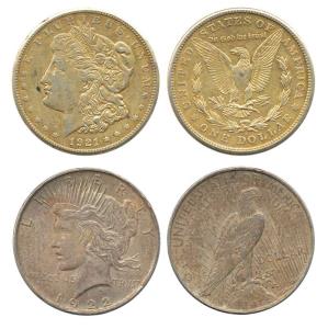 United States, Silver Morgan and Peace Dollar 1921 and 1922. Very Fine. (2)