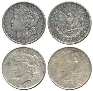 United States, Silver Morgan and Peace Dollar 1921 and 1923. Very Fine. (2)