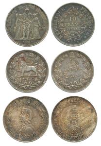 Assorted lot of Silver Crowns (3), Iran AH1320, France 10 Francs 1965 & China. Very Fine. 