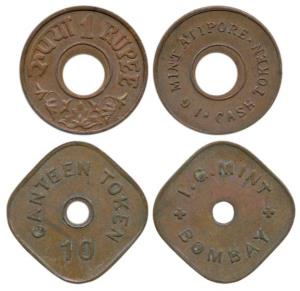 Canteen Token, Copper (2), 1 Rupee, I. G. Mint, Alipore, 10 Token, I. G. Mint, Bombay. Ext