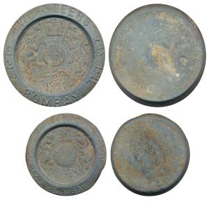 Weights, Iron 2 Seer and 1 Seer, Bombay 1897 written below the EIC coat of arms, values in