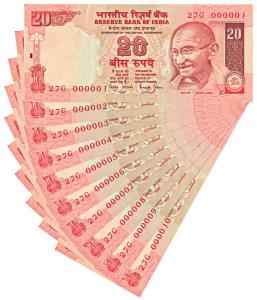 Rupees 20, signed S. Bimal Jalan, (Jain E-15) Set of 10 fancy numbers, 000001-000010. Unci