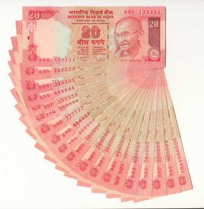 Rupees 20, Set of 19 fancy numbers, 111111-999999 and 100000-1000000. Uncirculated. (19)