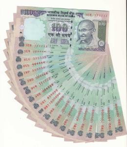 Rupees 100, Set of 19 fancy numbers, 111111-999999 and 100000-1000000. Uncirculated. (19)