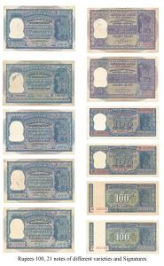 Rupees 100, 21 notes of different varieties and signatures, starting from B Rama Rau to R.