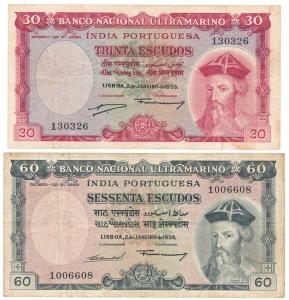 Trinta (Thirty) and Sessenta (Sixty) Escudos, 7th issue, 1959, Banco Nacional Ultramarino,