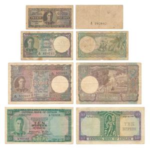 Ceylon, 25 Cents, Rupee 1, 5 and 10, 1942, 1949, 1948 and 1951 respectively. Fine to Very 