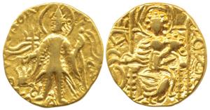 Kushanas, Vasudeva III, Gold Dinar, 7.62g, King standing facing left, holding a trident in