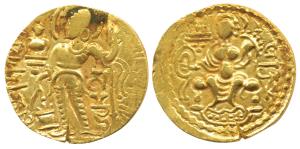 Guptas, Samudragupta (AD 335-380), Gold Dinar, 7.7g, Standard type, king nimbate standing 