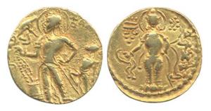 Guptas, Chandragupta II, Gold, 7.81 g, Dinar, Chhatra type, an attendant holding a chhatra