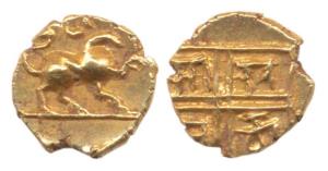 Nayaks of Tanjore, Gold Fanam, Sarabhi Fanam, lion to right on obv., Nagari legend on rev.