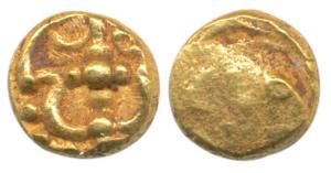 Shilaharas, Gold Double Fanam, 0.77 g, trishul on obv., rev. plain Extremely Fine, Scarce.