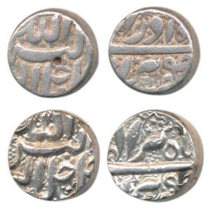 Akbar, Silver Rupee (2), Berar Mint, Allahu Akbar type, a bird to right at bottom, Month A