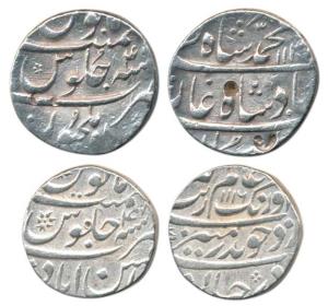 Aurangzeb, Silver Rupee, Ahsanabad Mint 1116/48; Muhammad Shah, Elichpur Mint, AH 112X/4. 