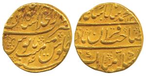 Muhammad Shah, Gold Mohur, 10.85g, Shahjahanabad Mint, Sahib-i-Qiran type, AH 113x/4. Very