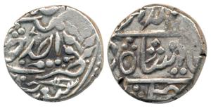 Silver Rupee, 11g, in the name of Bahadur Shah, RY Ahd, Katar over the mint name at bottom