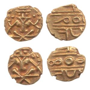Krishna Raja Wodeyar (AD 1810-1868), Gold Fanam (2), obv. Seated Narasimha; rev. Kanarese 
