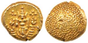 Negapatnam Gold Pagoda, 3.36g, Lazy J with Lord Vishnu standing, facing front on obv., gra