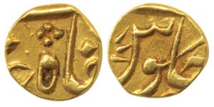 Gold Rupee or 1/5 Mohur, 0.76g, Surat Mint, in the name of Shah Alam II, privy mark No. 1 