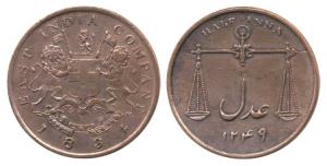 Copper ½ Anna, 1834, Coat of Arms on obv., Scales on rev. Very Fine+, Scarce.
