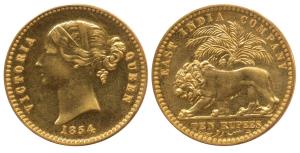 Victoria Queen, Proof Gold 10 Rupees, 7.75g, 1854 Pattern, plain truncation and divided le