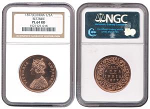 Victoria Empress, Proof Copper ½ Anna, Calcutta Mint, 1877, slabbed and graded by NGC, PL 