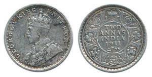 George V, Silver 2 Annas, 1.43g, 1911. Very Fine+, Rare.