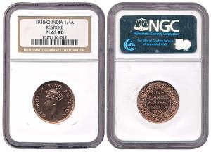 George VI, Proof Copper ¼ Anna, Calcutta Mint, 1938, slabbed and graded by NGC, PL 63. Pro