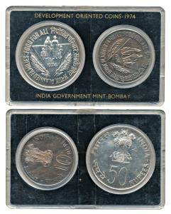 1974 Uncirculated Set, Planned families Food for all, Rupees 10 and 50. In plastic casing 