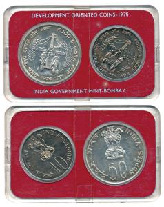 1976 Uncirculated Set, Food and Work for all, Rupees 10 and 50. In plastic casing but with