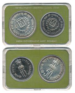 1979 Uncirculated Set, Happy child-Nation's Pride, Rupees 10 and 50. In plastic casing but