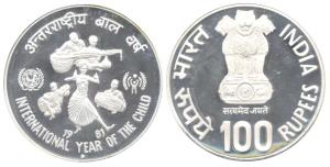 Silver Rupees 100, 29.29g, 1981, International Year of the Child, Bombay Mint. Proof, Rare
