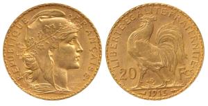 France, Gold 20 Francs, 1913, 6.45g, .9 Purity, Rooster on rev. About Extremely Fine.