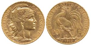 France, Gold 20 Francs, 1910, 6.45g, .9 purity, Rooster on rev. Extremely Fine.
