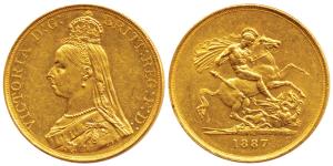 Great Britain, Victoria, Gold 5 Pounds, 40g, Jubilee head, St. George slaying a dragon on 