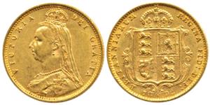 Great Britain, Queen Victoria, Gold ½ Sovereign, 4g, Jubilee head, Shield on rev., 1892. V