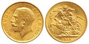 Great Britain, George V, Gold Sovereign, 8g, 1915, (KM 820). About Extremely Fine, Scarce.