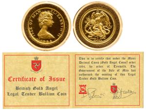 Isle of Man, Angel, 33.93g, 1984, Archangel Michael slaying dragon on rev., (KM 139). In o