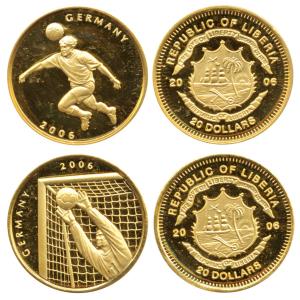 Republic of Liberia, 20 Dollars (2), total weight 2.5g, 2006, commemorating FIFA world cup