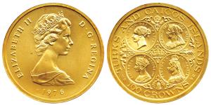 Turks & Caicos Islands, Gold 100 Crowns, 18g, the reverse illustrates all four different b