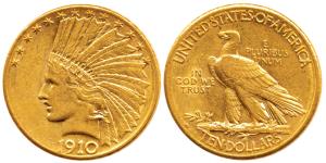 United States of America, Gold 10 Dollars, 16.71g, 1910, Indian Head on obv., (KM 130). Ve