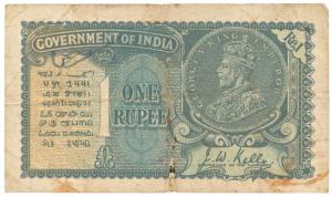 George V, Rupee 1, 2nd issue, 1935, signed J. W. Kelly, (Jhun 2.1C). With stains, Fine.
