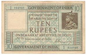 George V, Rupees 10, 1st issue, 1925, signed H. Denning, serial number in top left corner 