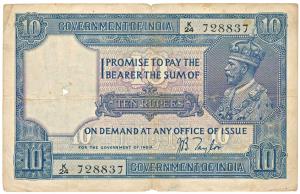 George V, Rupees 10, 2nd issue, 1926, signed J. B. Taylor, (Jhun 7.2). Fine.